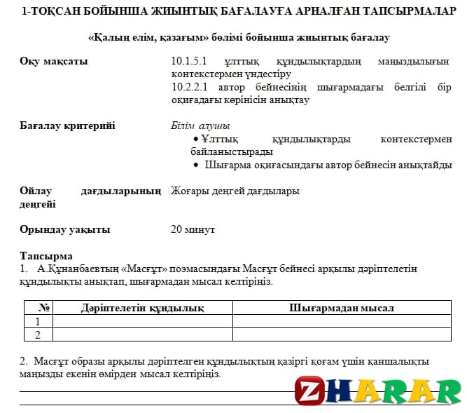  Қазақ әдебиеті [ЖМБ] (10 сынып | 1, 2, 3, 4 тоқсан)